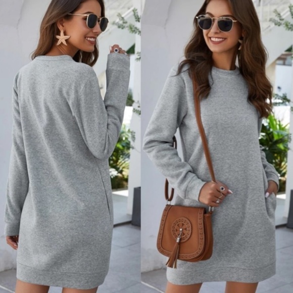 New Grey Sweatshirt  mini Dress with side pockets - Picture 1 of 5